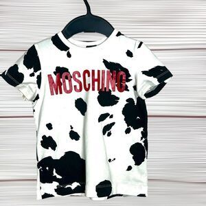 Moschino Kid Cotton White Black Cow Patterned T-shirt Top With Red Logo size 4